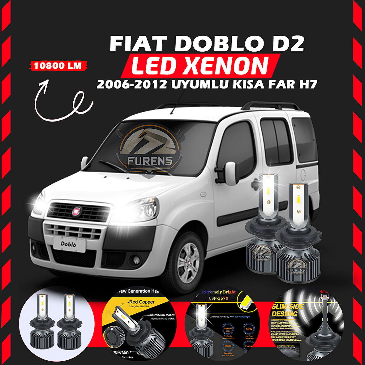 Fiat Doblo D2 2006-2012 Kısa Far Uyumlu Şimşek Etkili Led Xenon Premium Series H7