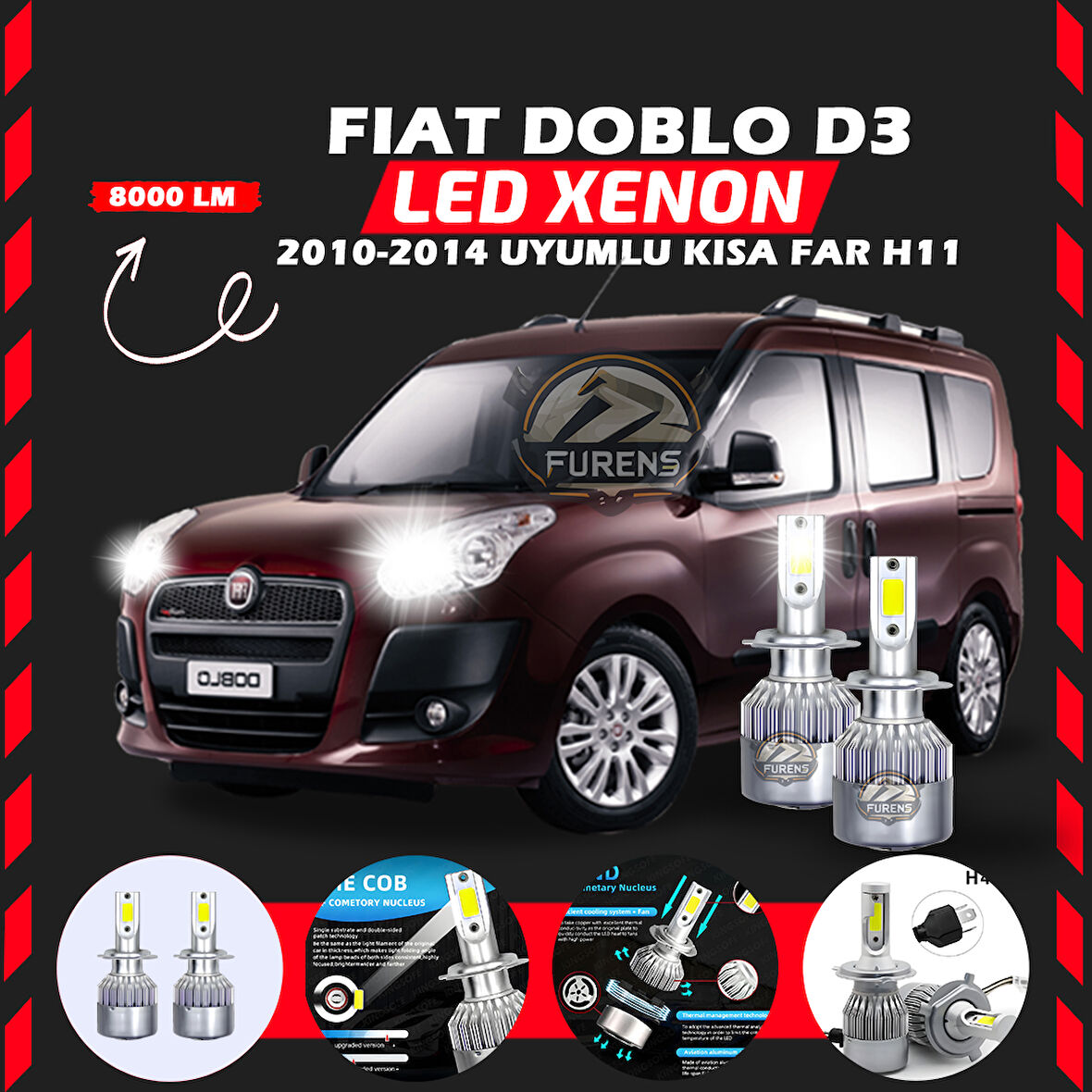 Fiat Doblo D3 2006-2012 Kısa Far Uyumlu Şimşek Etkili Led Xenon Performance Series H11