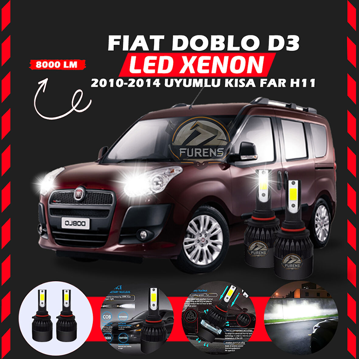 Fiat Doblo D3 2006-2012 Kısa Far Uyumlu Şimşek Etkili Led Xenon Light Series H11