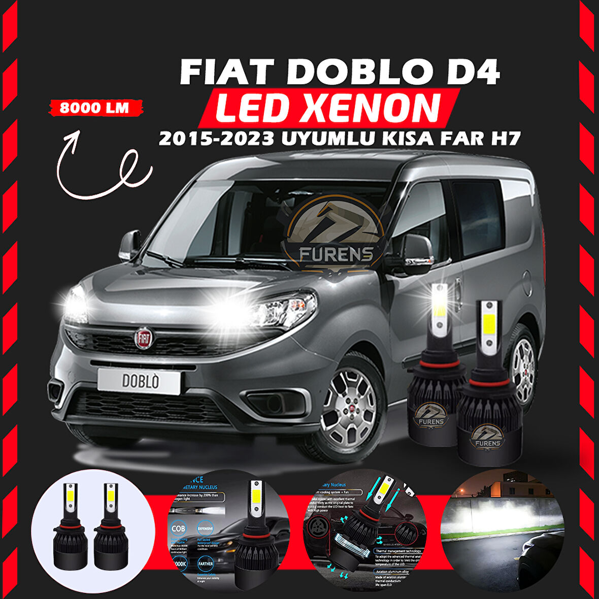 Fiat Doblo D4 2015-2023 Kısa Far Uyumlu Şimşek Etkili Led Xenon Light Series H7