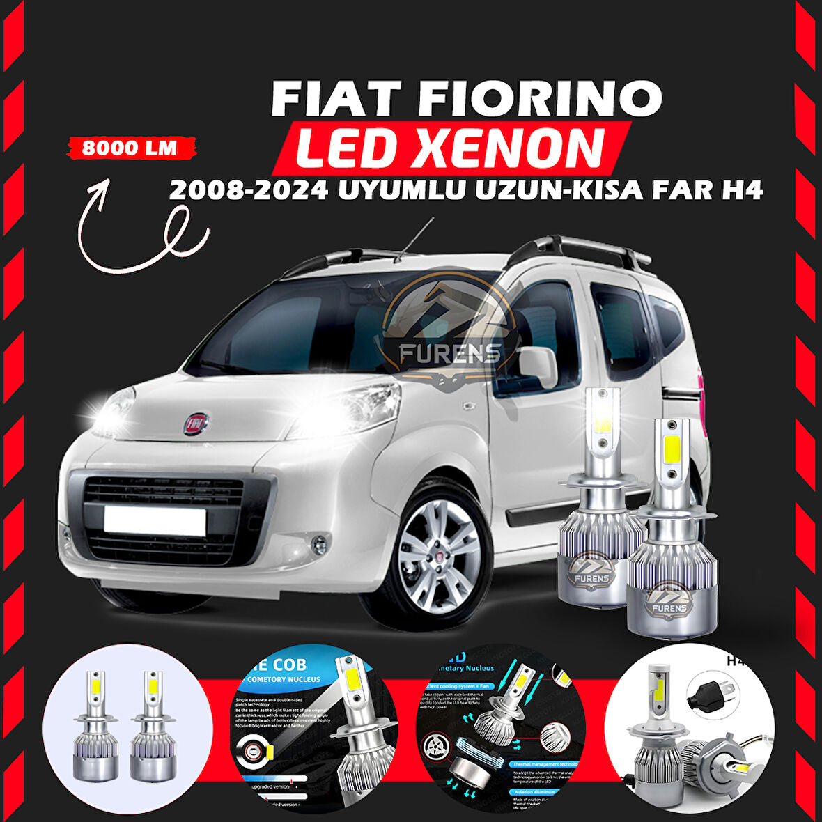 Fiat Fiorino 2008-2024 Uzun - Kısa Far Uyumlu Şimşek Etkili Led Xenon Performance Series H4