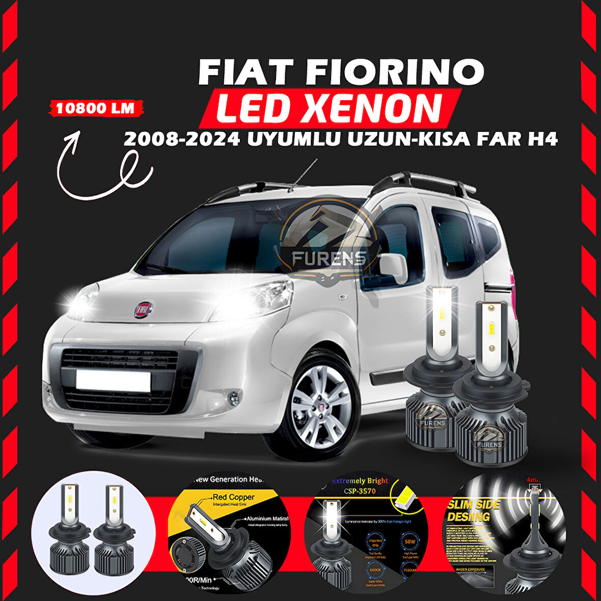 Fiat Fiorino 2008-2024 Uzun - Kısa Far Uyumlu Şimşek Etkili Led Xenon Premium Series H4