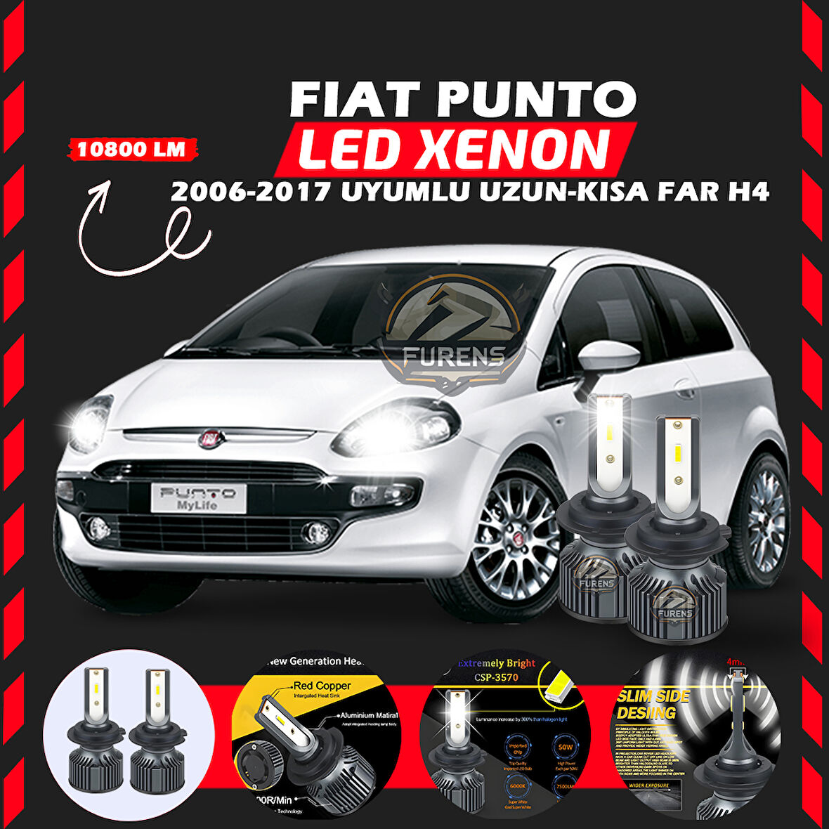 Fiat Punto 2006-2017 Uzun - Kısa Far Uyumlu Şimşek Etkili Led Xenon Premium Series H4