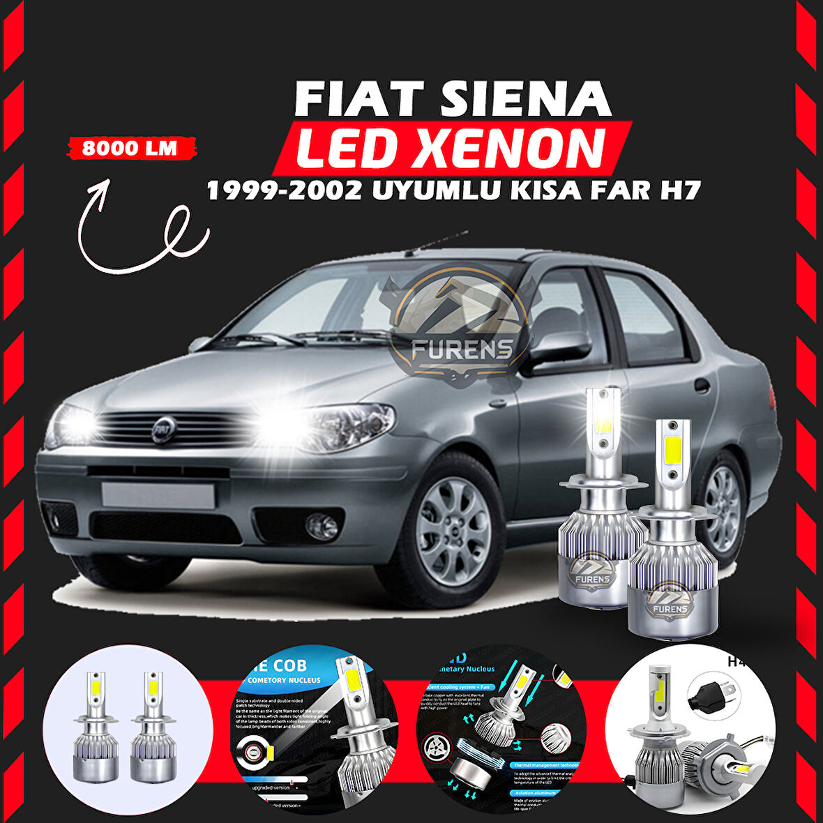 Fiat Siena 1999-2002 Kısa Far Uyumlu Şimşek Etkili Led Xenon Performance Series H7
