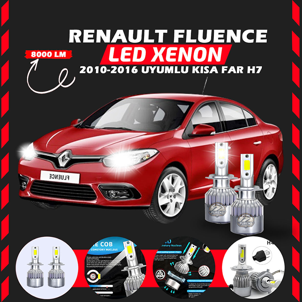 Renault Fluence 2010-2016 Kısa Far Uyumlu Şimşek Etkili Led Xenon Performance Series H7