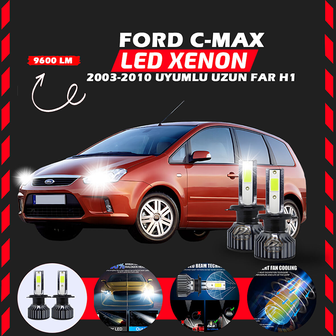Ford C-MAX 2003-2010 Uzun Far Uyumlu Şimşek Etkili Led Xenon Pro Series H1