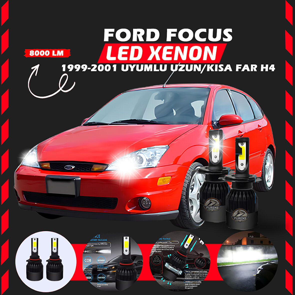 Ford Focus 1 1999-2001 Uzun-Kısa Uyumlu Şimşek Etkili Led Xenon Light Series H4