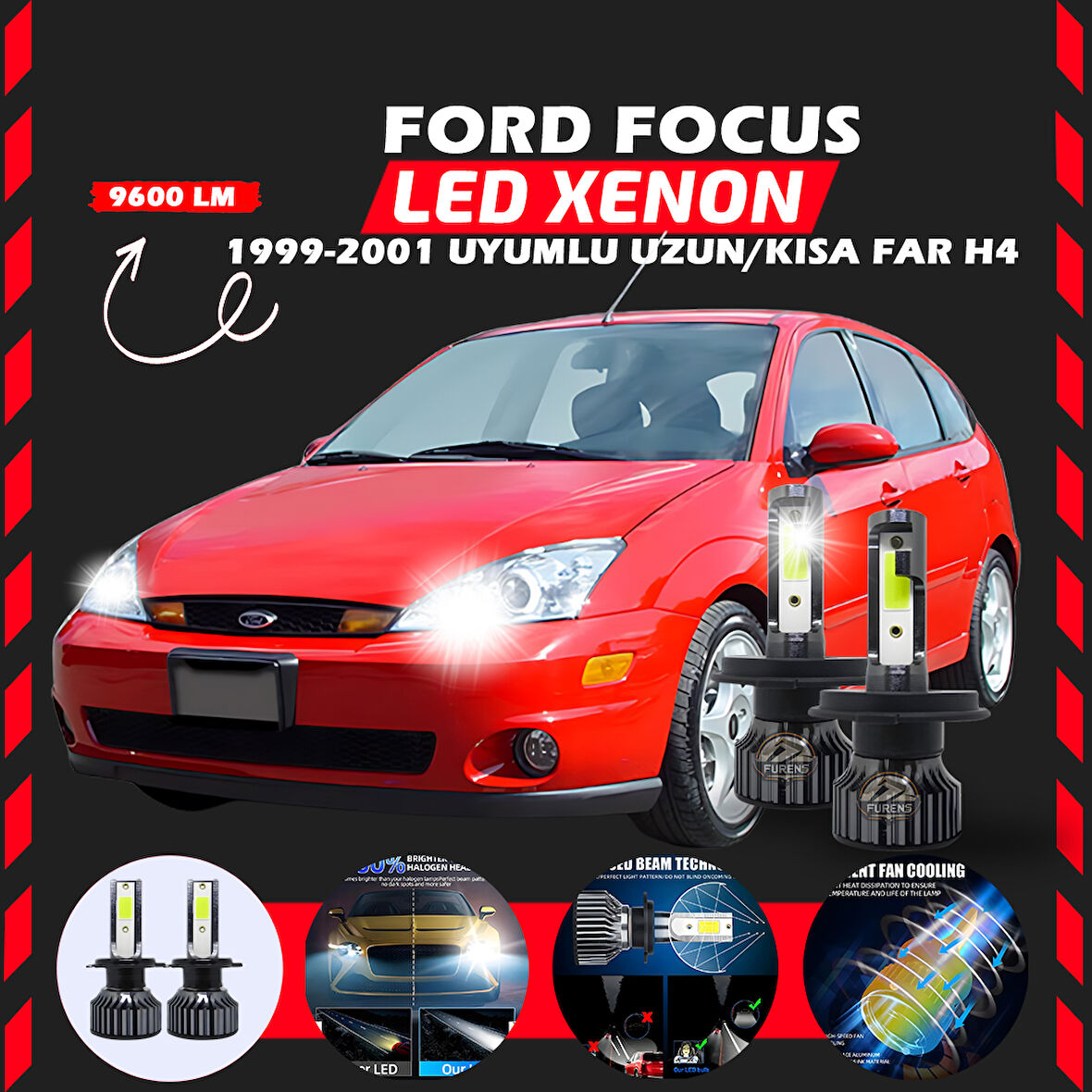Ford Focus 1 1999-2001 Uzun-Kısa Uyumlu Şimşek Etkili Led Xenon Pro Series H4