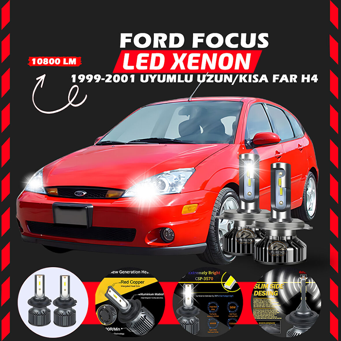 Ford Focus 1 1999-2001 Uzun-Kısa Uyumlu Şimşek Etkili Led Xenon Premium Series H4
