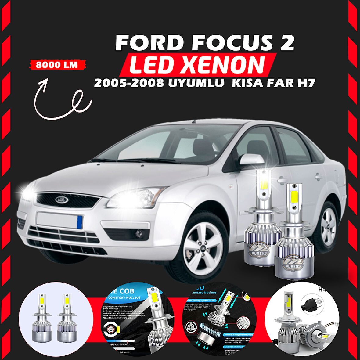 Ford Focus 2 2005-2008 Kısa Far Uyumlu Şimşek Etkili Led Xenon Performance Series H7