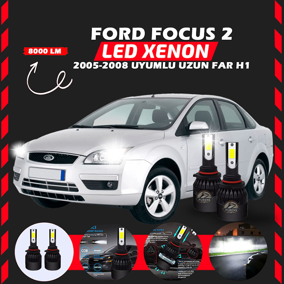 Ford Focus 2 2005-2008 Uzun Far Uyumlu Şimşek Etkili Led Xenon Light Series H1