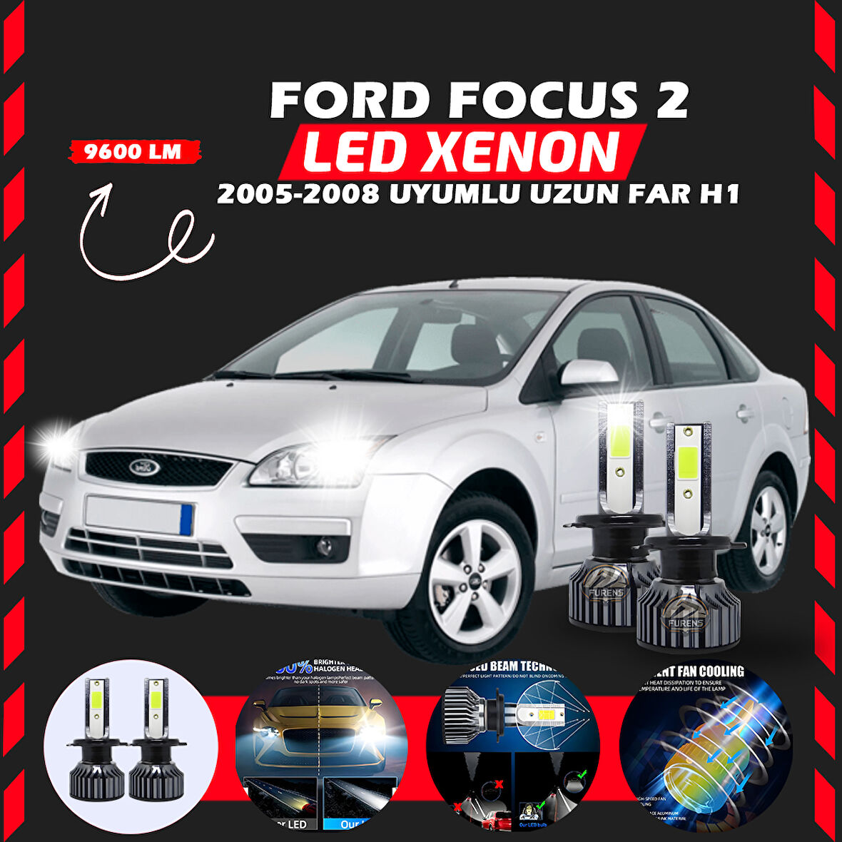 Ford Focus 2 2005-2008 Uzun Far Uyumlu Şimşek Etkili Led Xenon Pro Series H1