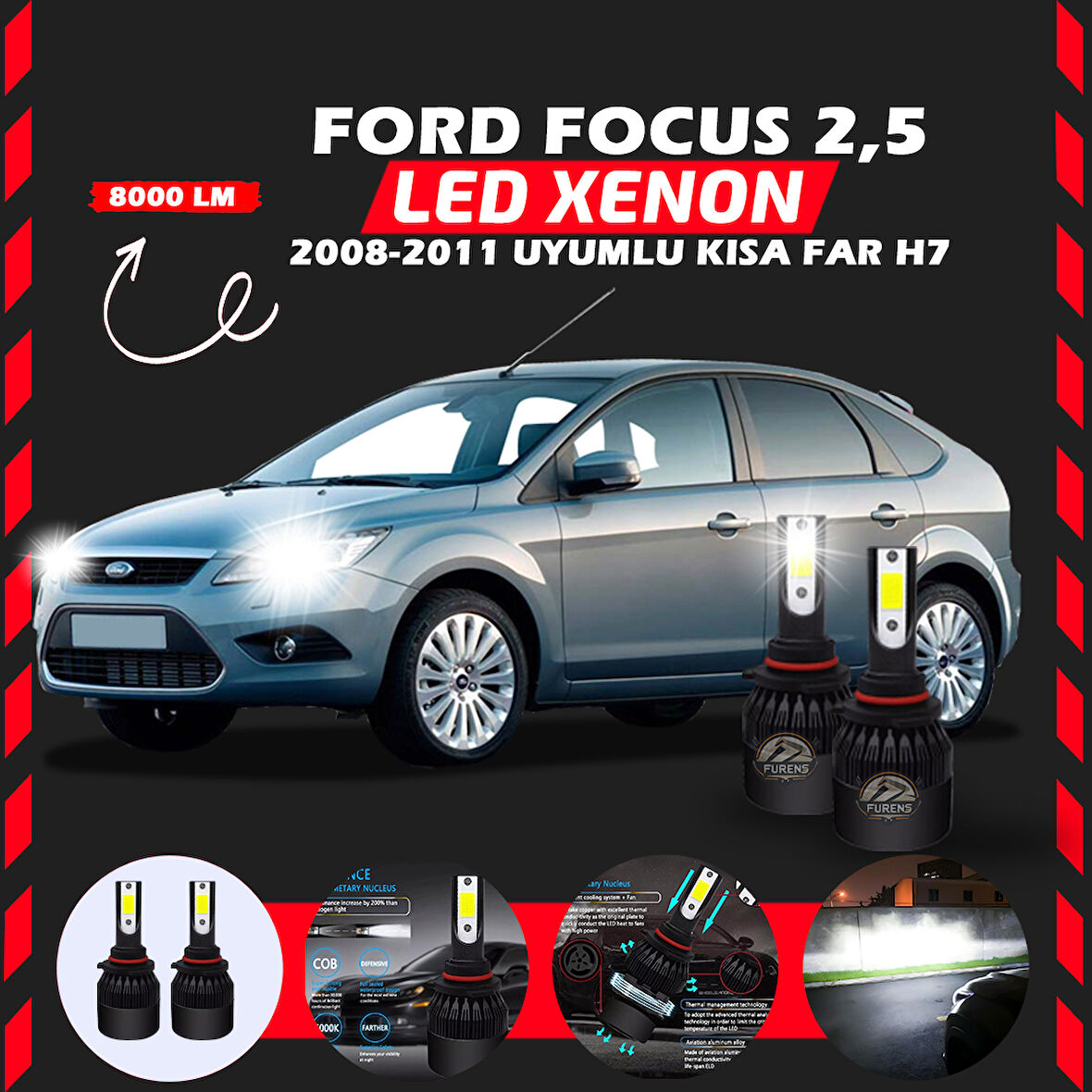 Ford Focus 2.5 2008-2011 Kısa Far Uyumlu Şimşek Etkili Led Xenon Light Series H7