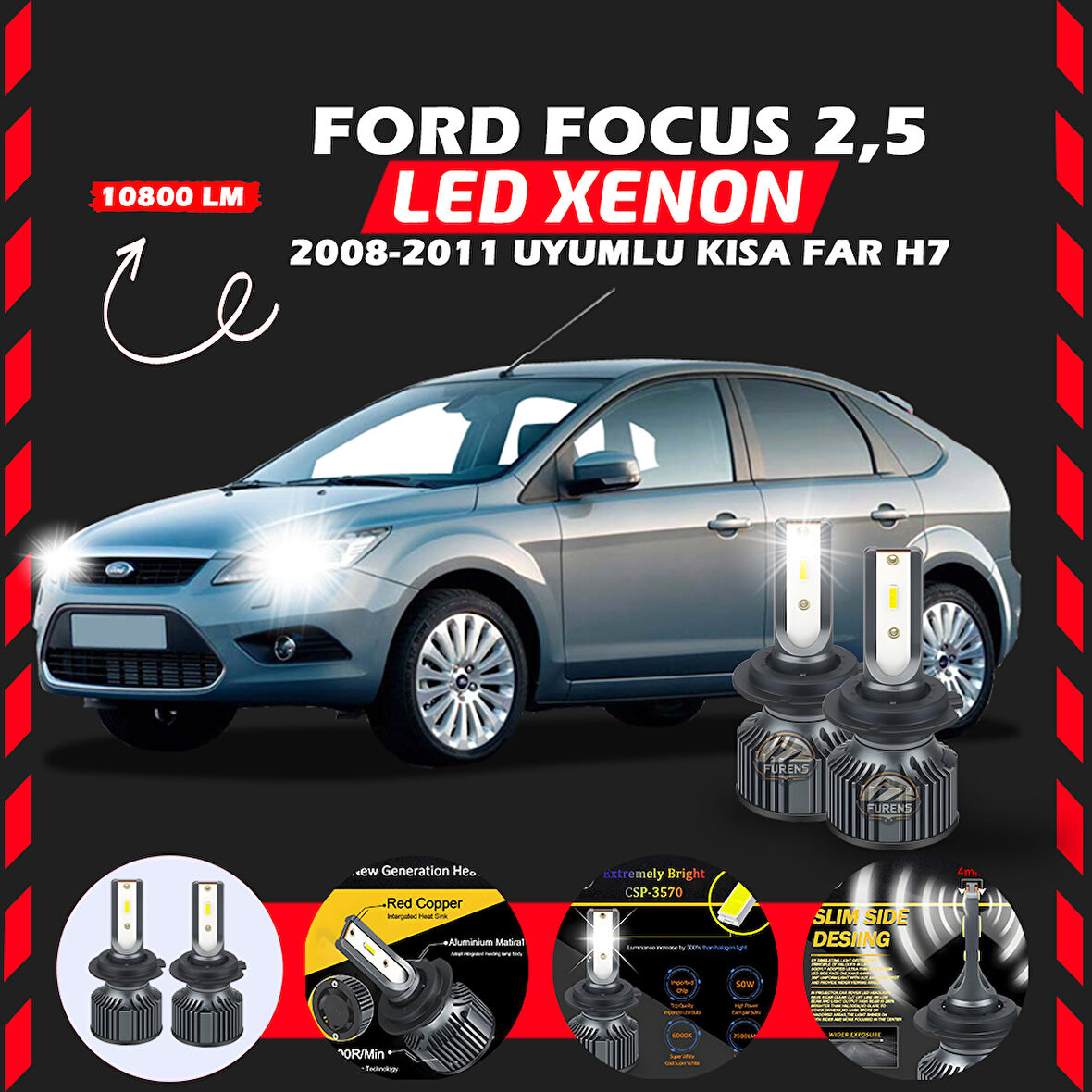Ford Focus 2.5 2008-2011 Kısa Far Uyumlu Şimşek Etkili Led Xenon Premium Series H7