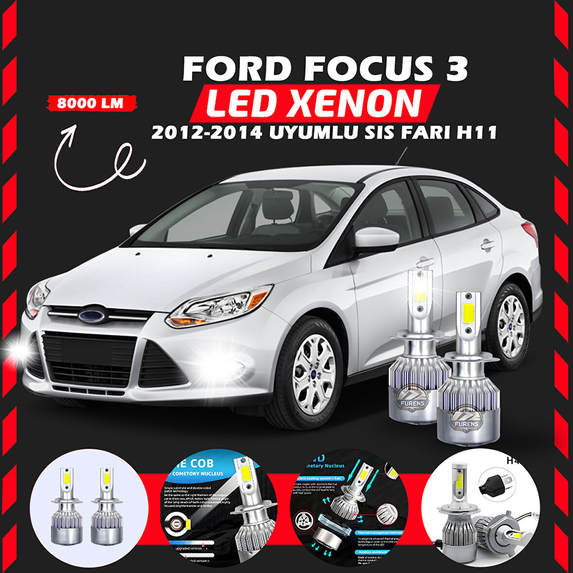 Ford Focus 3 2012-2014 Sis Farı Uyumlu Şimşek Etkili Led Xenon Performance Series H11