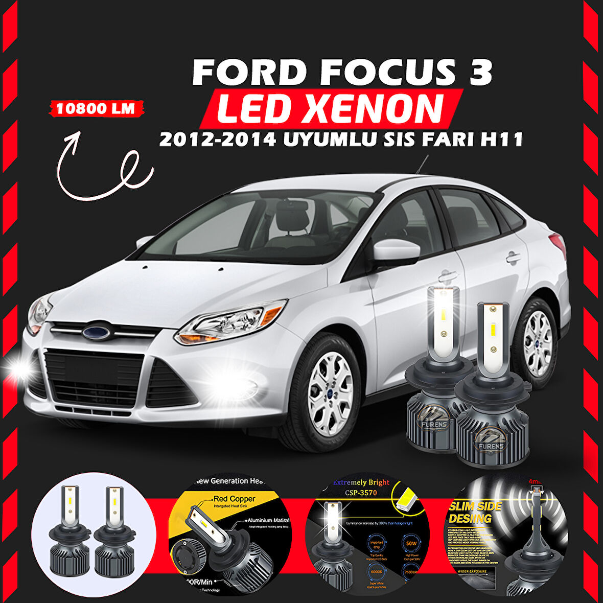 Ford Focus 3 2012-2014 Sis Farı Uyumlu Şimşek Etkili Led Xenon Premium Series H11