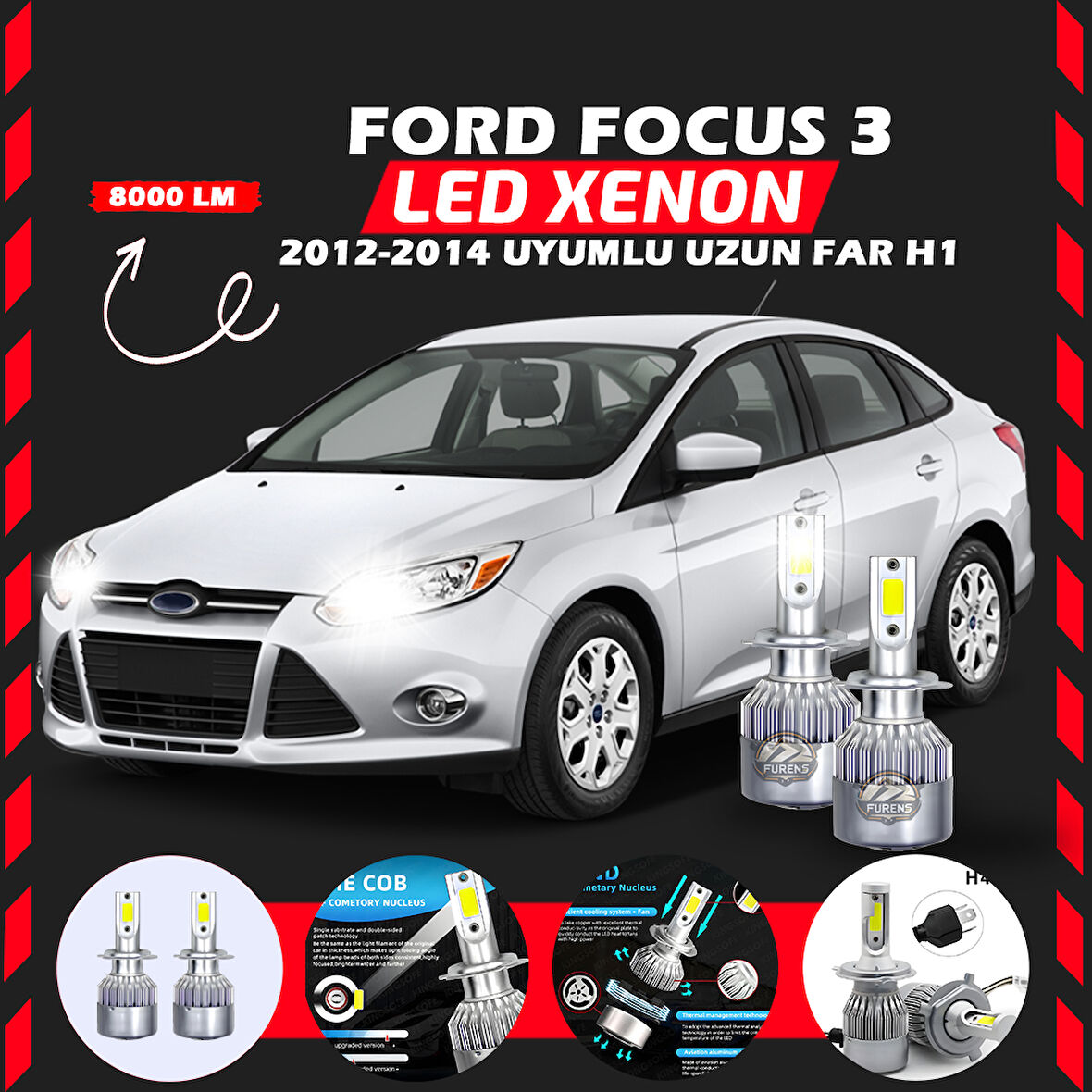 Ford Focus 3 2012-2014 Uzun Far Uyumlu Şimşek Etkili Led Xenon Performance Series H1