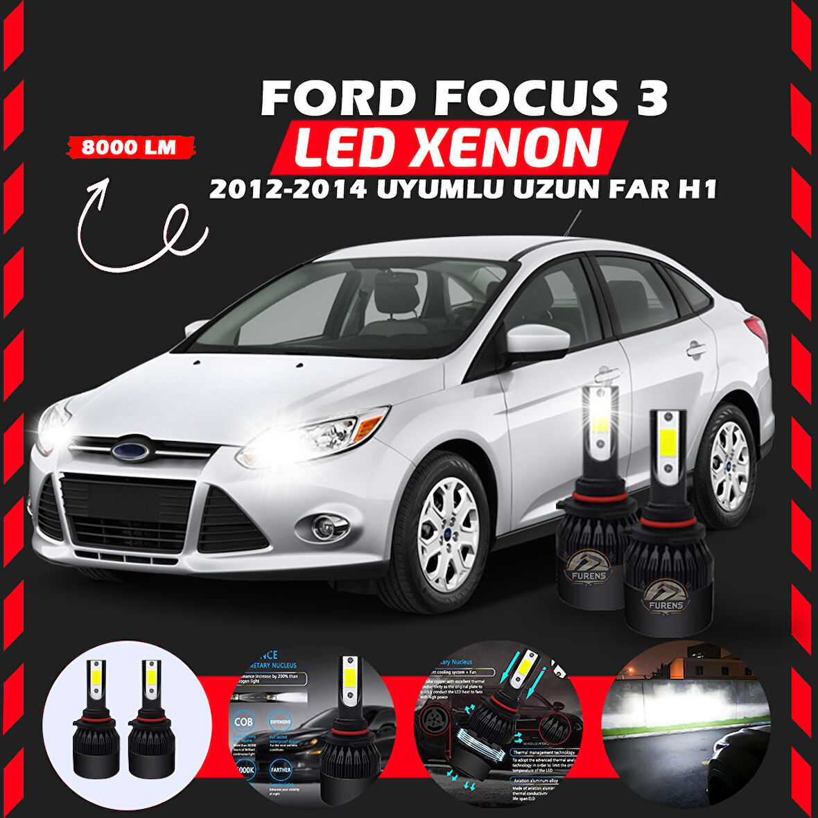 Ford Focus 3 2012-2014 Uzun Far Uyumlu Şimşek Etkili Led Xenon Light Series H1