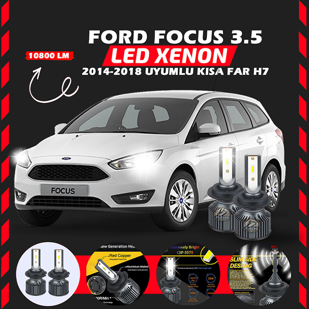 Ford Focus 3.5 2014-2018 Kısa Far Uyumlu Şimşek Etkili Led Xenon Premium Series H7