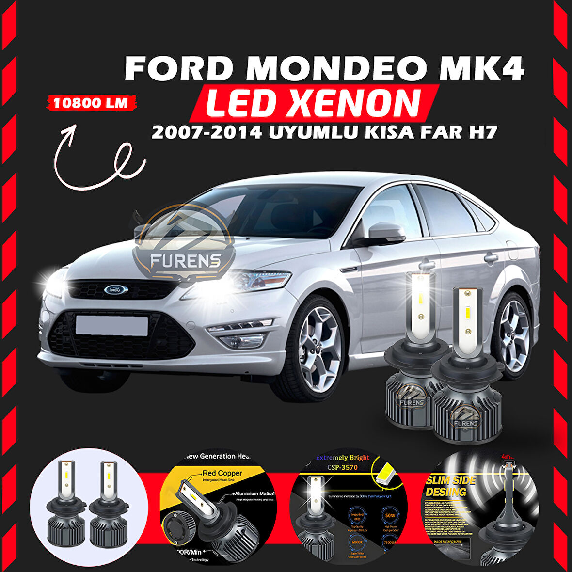 Ford Mondeo MK4 2007-2014 Kısa Far Uyumlu Şimşek Etkili Led Xenon Premium Series H7