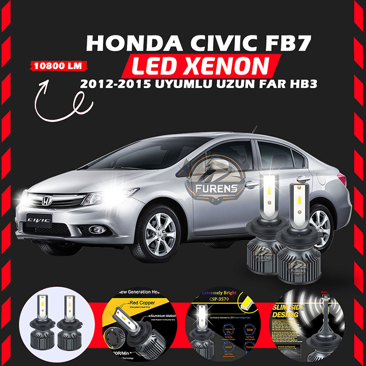 Honda Civic FB7 2012-2015 Uzun Far Uyumlu Şimşek Etkili Led Xenon Premium Series HB3