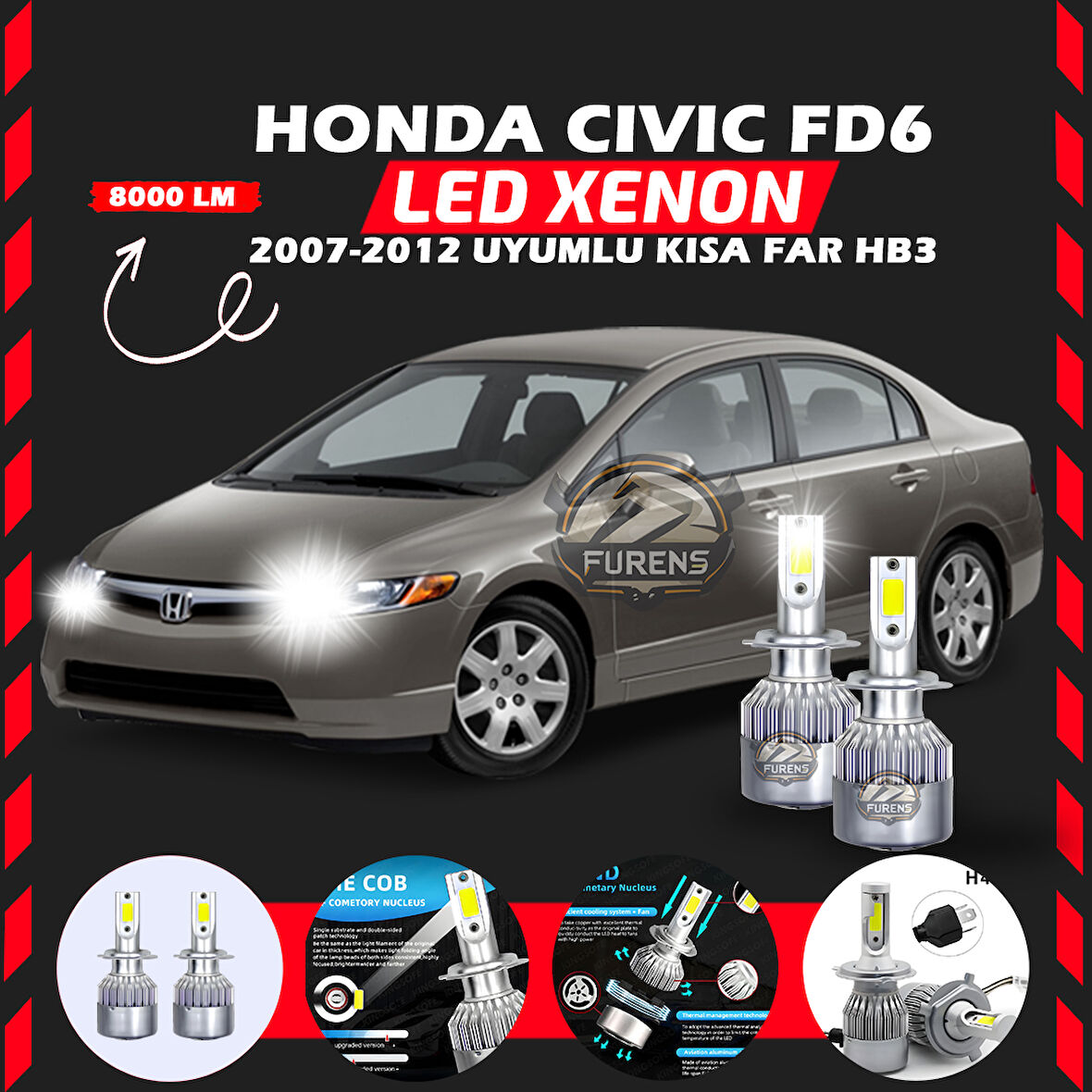 Honda Civic FD6 2007-2012 Kısa Far Uyumlu Şimşek Etkili Led Xenon Performance Series HB3