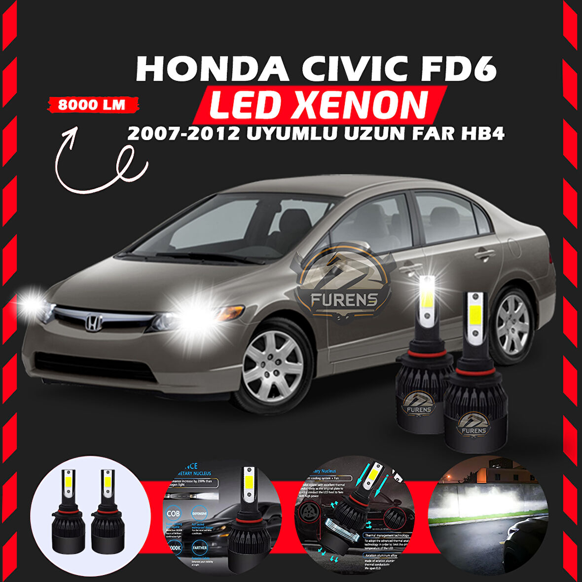 Honda Civic FD6 2007-2012 Uzun Far Uyumlu Şimşek Etkili Led Xenon Light Series HB4