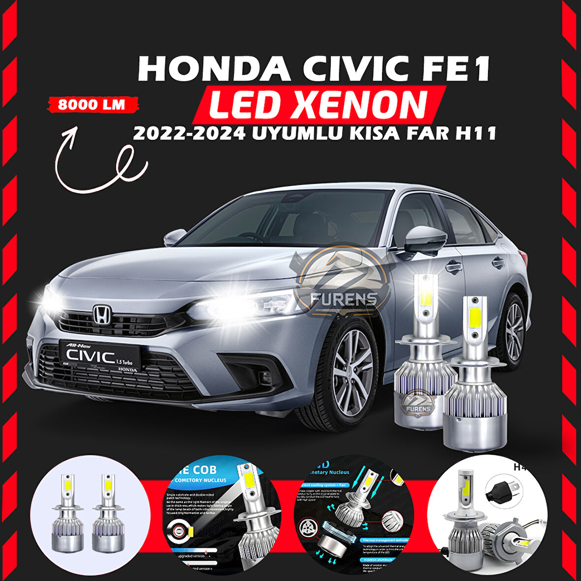 Honda Civic FE1 2022-2024 Kısa Far Uyumlu Şimşek Etkili Led Xenon Performance Series H11