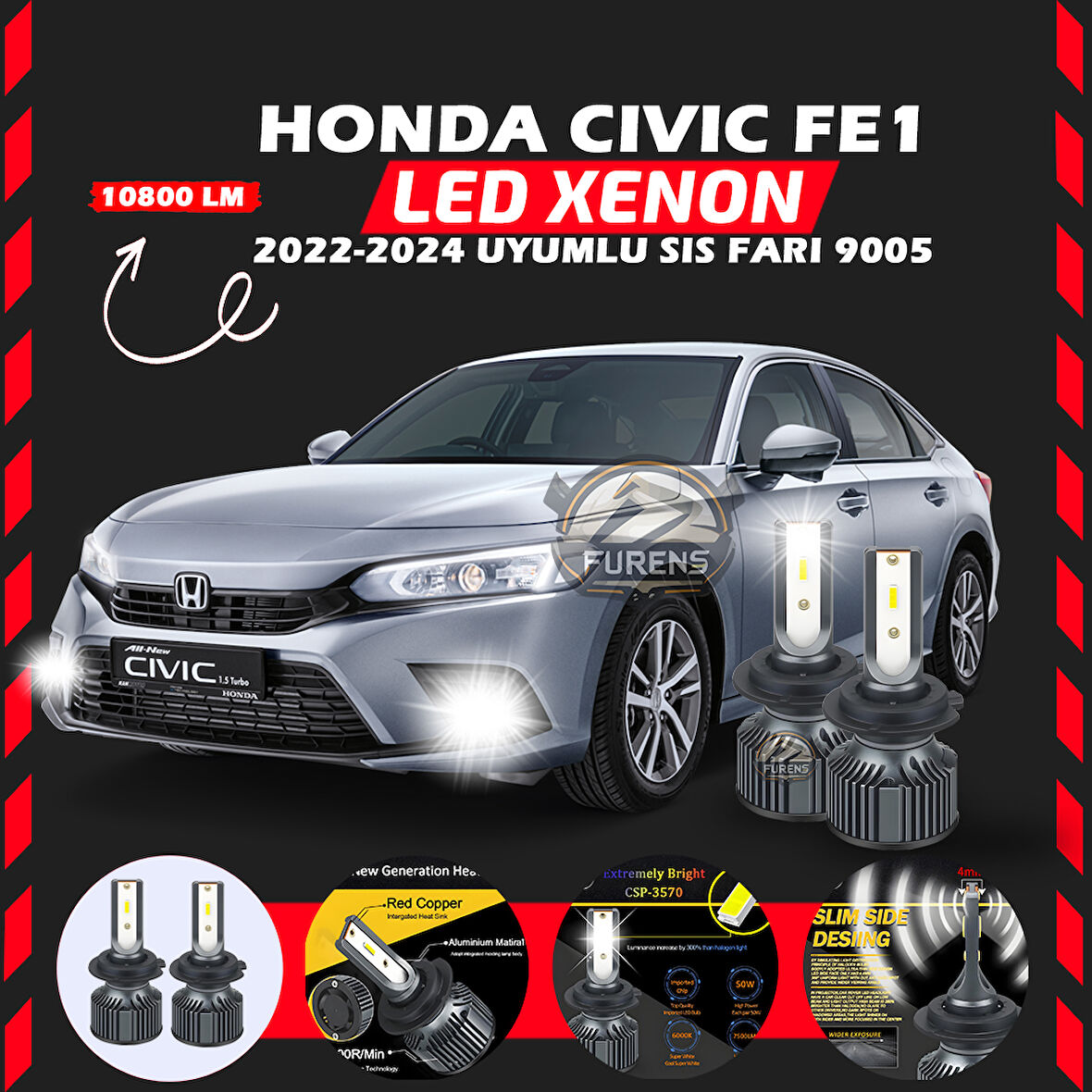 Honda Civic FE1 2022-2024 Sis Farı Uyumlu Şimşek Etkili Led Xenon Premium Series H9005