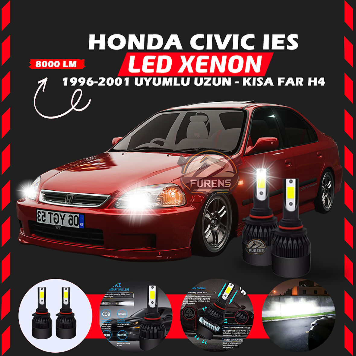 Honda Civic İES 1996-2001 Uzun-Kısa Far Uyumlu Şimşek Etkili Led Xenon LightSeries H4