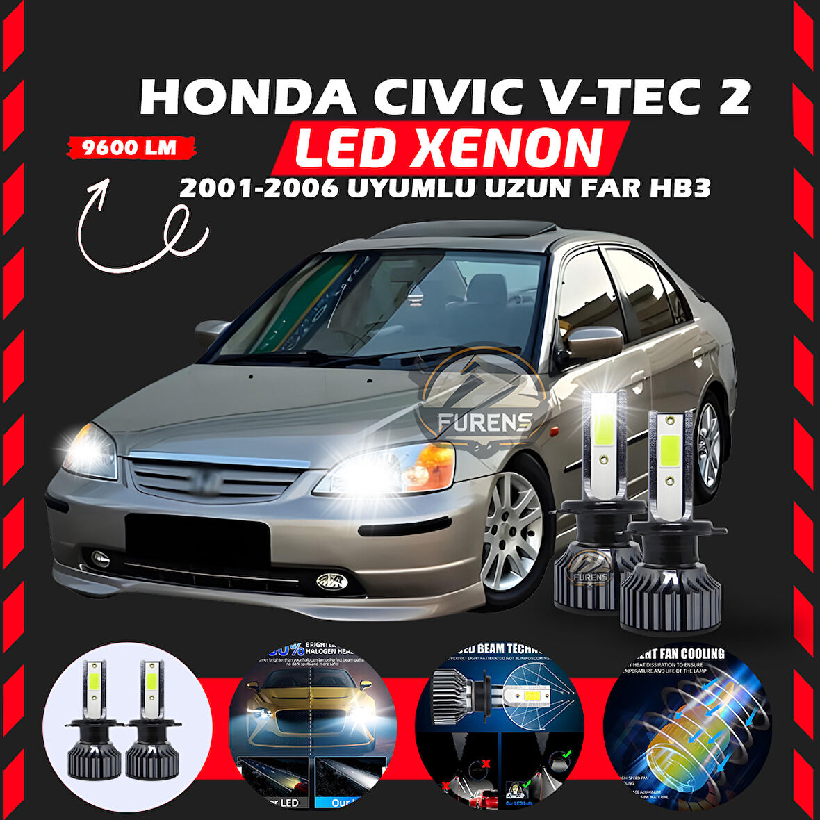 Honda Civic V-TEC 2 2001-2006 Uzun Far Uyumlu Şimşek Etkili Led Xenon Pro Series HB3