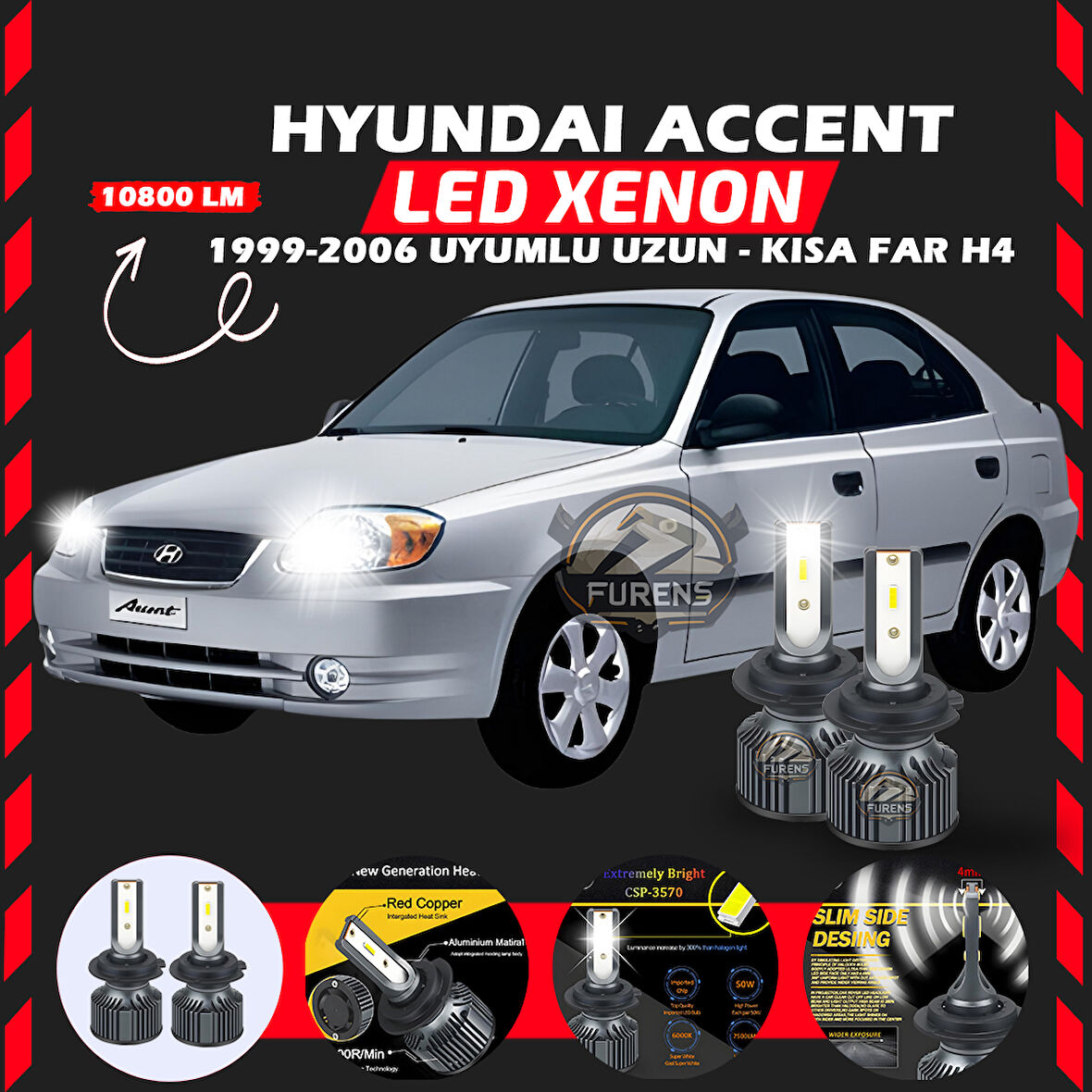 Hyundai Accent Admira 1999-2006 Uzun-Kısa Far Uyumlu Şimşek Etkili Led Xenon Premium Series H4
