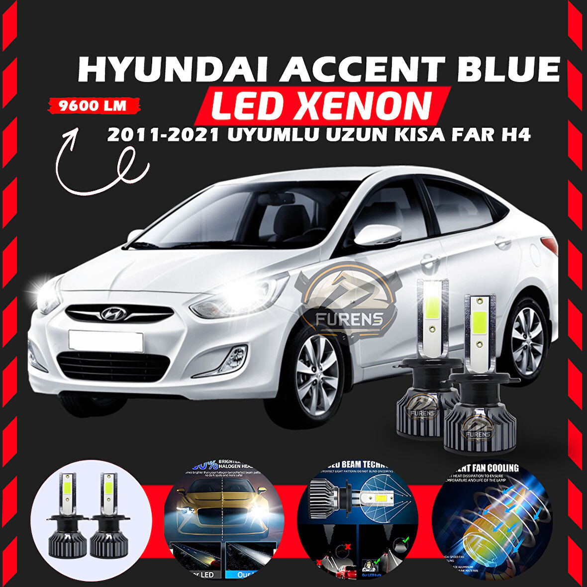 Hyundai Accent Blue 2011-2021 Uzun-Kısa Far Uyumlu Şimşek Etkili Led Xenon Pro Series H4