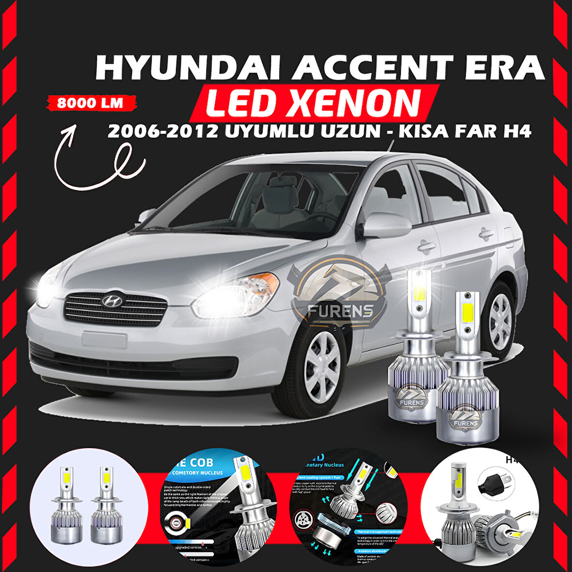 Hyundai Accent Era 2006-2012 Uzun-Kısa Far Uyumlu Şimşek Etkili Led Xenon Performance Series H4