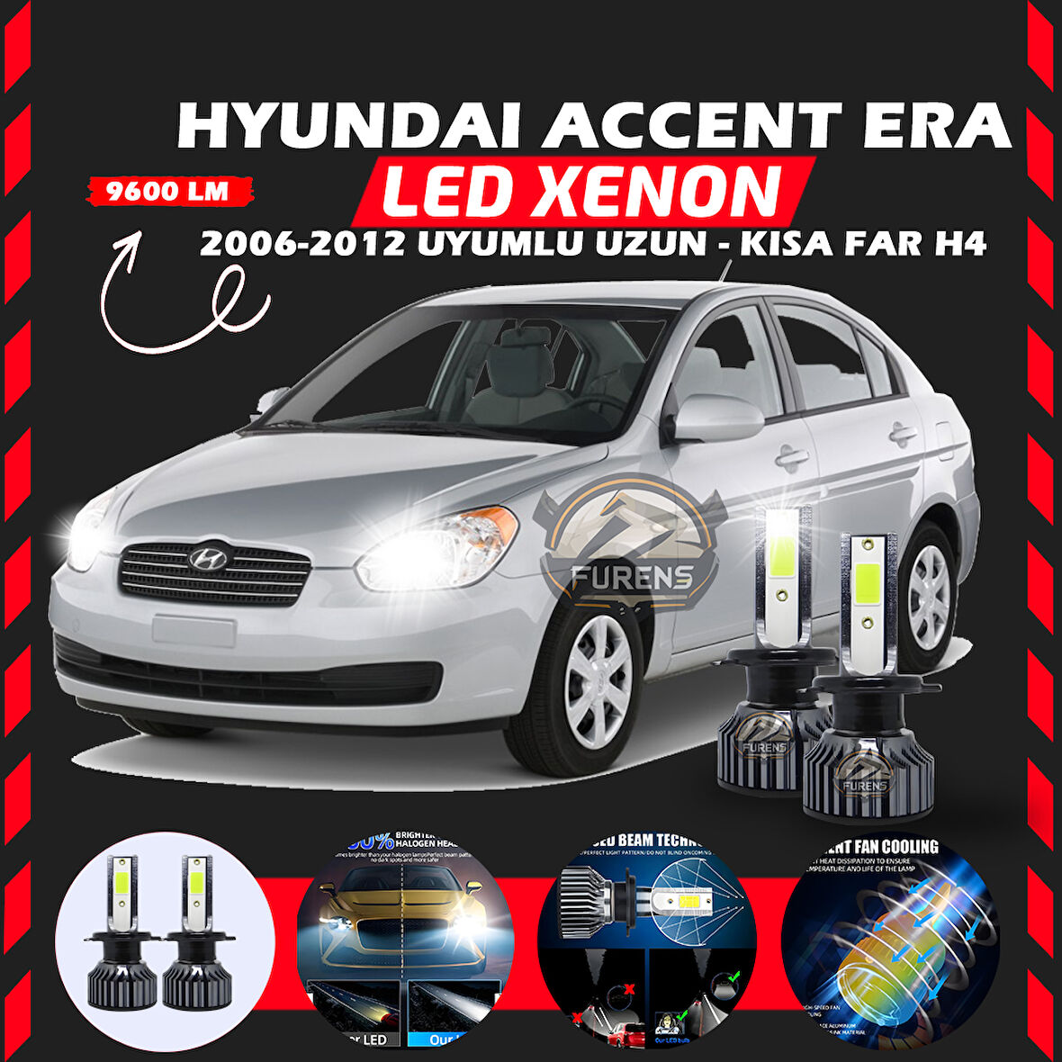 Hyundai Accent Era 2006-2012 Uzun-Kısa Far Uyumlu Şimşek Etkili Led Xenon Pro Series H4