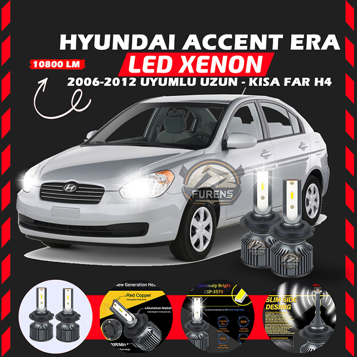Hyundai Accent Era 2006-2012 Uzun-Kısa Far Uyumlu Şimşek Etkili Led Xenon Premium Series H4