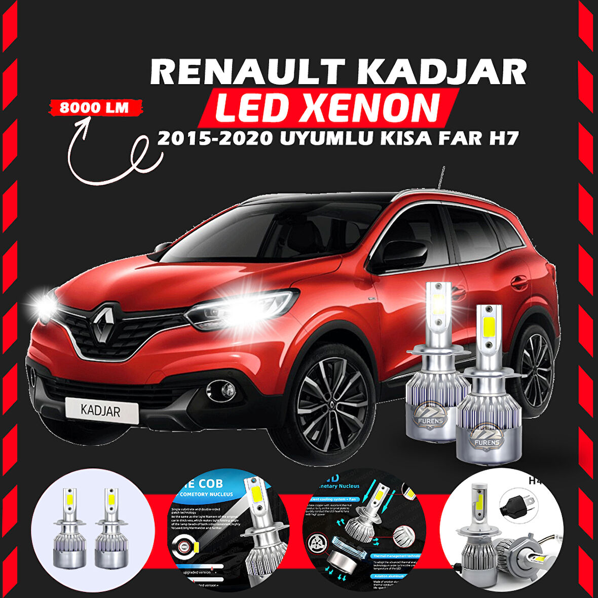 Renault Kadjar 2015-2020 Kısa Far Uyumlu Şimşek Etkili Led Xenon Performance Series H7