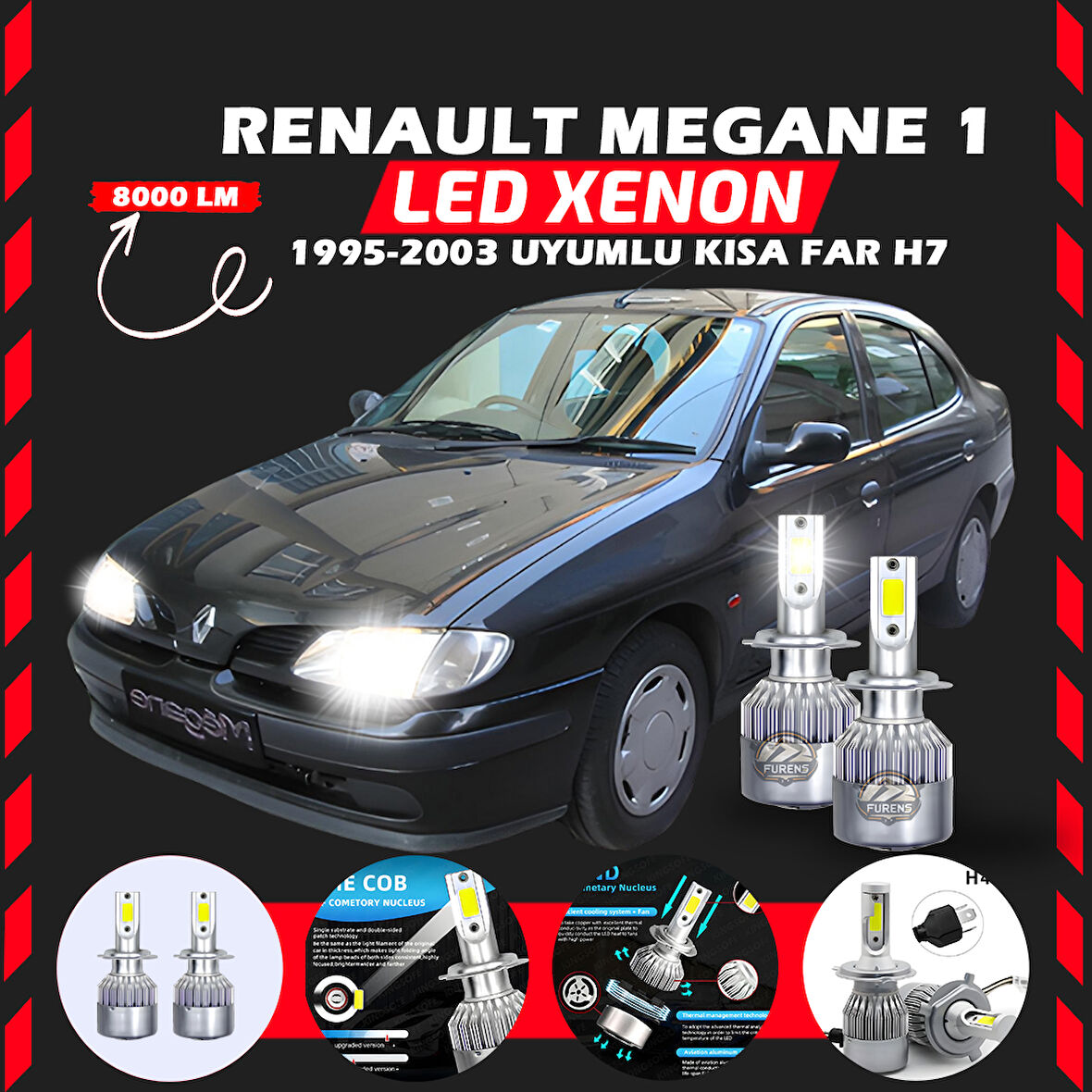 Renault Megane 1 1995-2003 Kısa Far Uyumlu Şimşek Etkili Led Xenon Performance Series H7