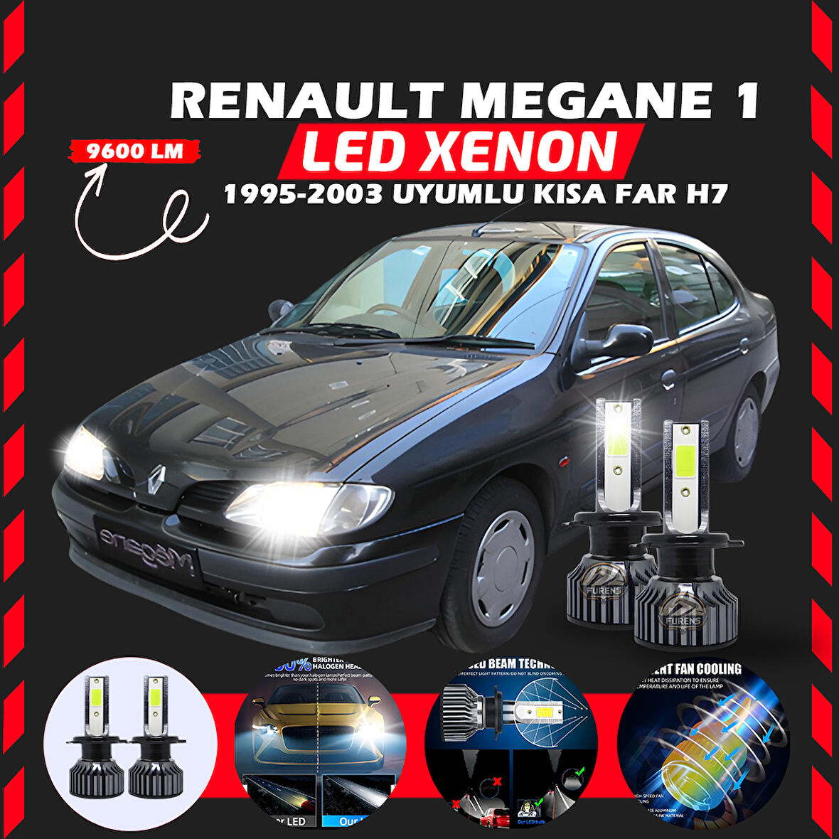 Renault Megane 1 1995-2003 Kısa Far Uyumlu Şimşek Etkili Led Xenon Pro Series H7