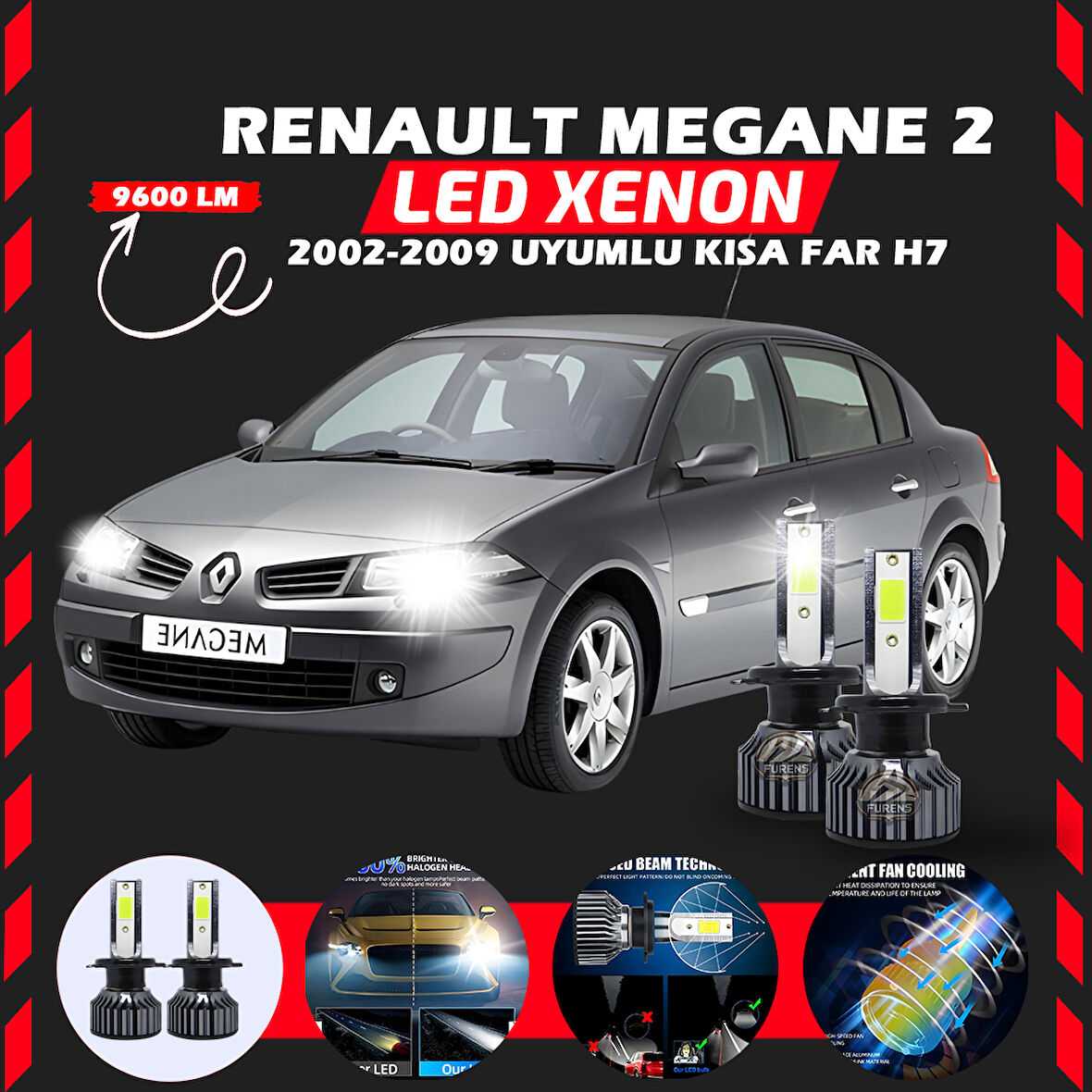 Renault Megane 2 2002-2009 Kısa Far Uyumlu Şimşek Etkili Led Xenon Pro Series H7
