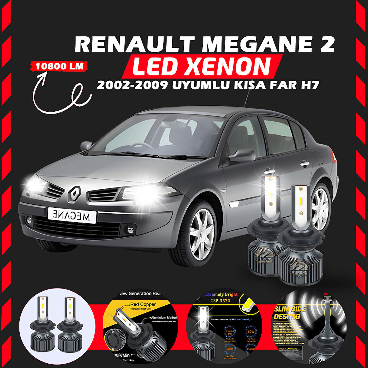 Renault Megane 2 2002-2009 Kısa Far Uyumlu Şimşek Etkili Led Xenon Premium Series H7
