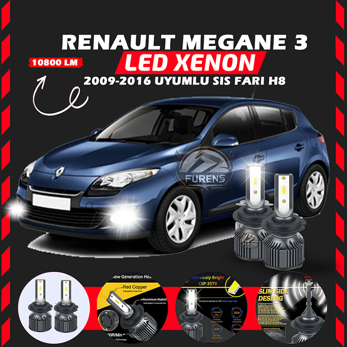 Renault Megane 3 2009-2016 Sis Farı Uyumlu Şimşek Etkili Led Xenon Premium Series H8