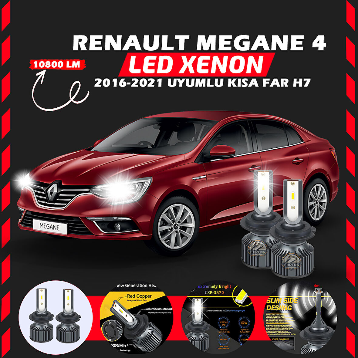 Renault Megane 4 2016-2021 Kısa Far Uyumlu Şimşek Etkili Led Xenon Premium Series H7