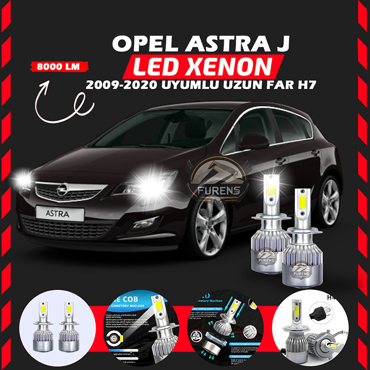 Opel Astra J 2009-2020 Uzun Far Uyumlu Şimşek Etkili Led Xenon Performance Series H7