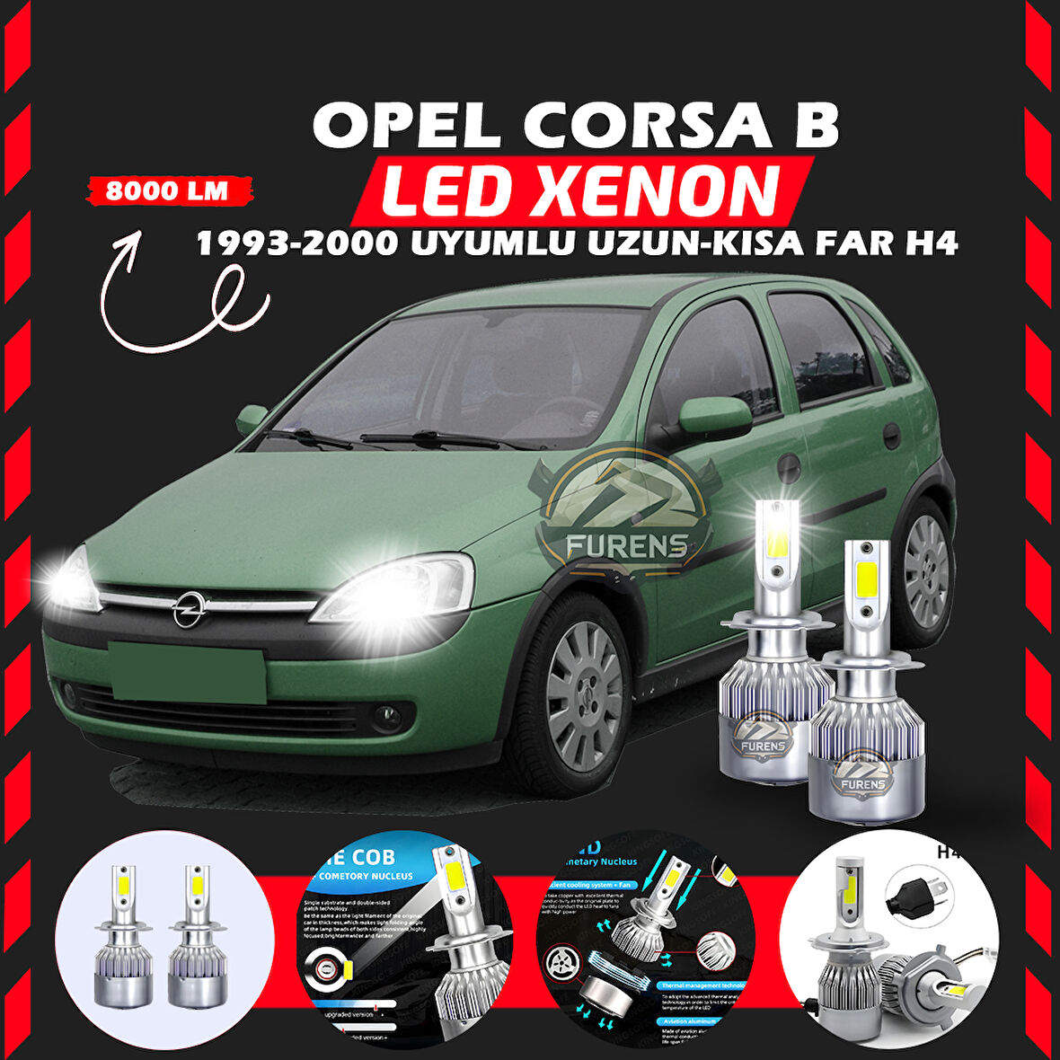 Opel Corsa B 1993-2000 Uzun - Kısa Uyumlu Şimşek Etkili Led Xenon Performance Series H4