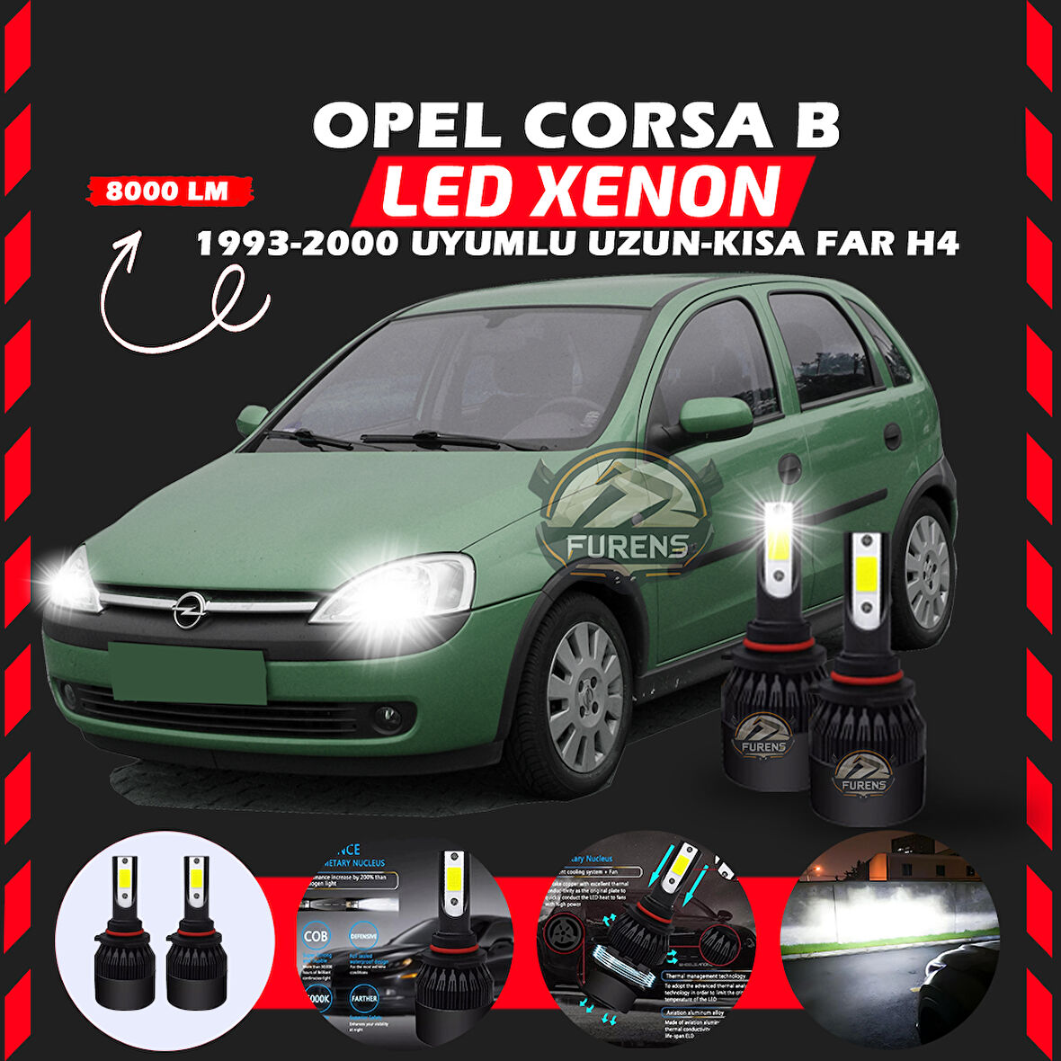 Opel Corsa B 1993-2000 Uzun - Kısa Uyumlu Şimşek Etkili Led Xenon Light Series H4