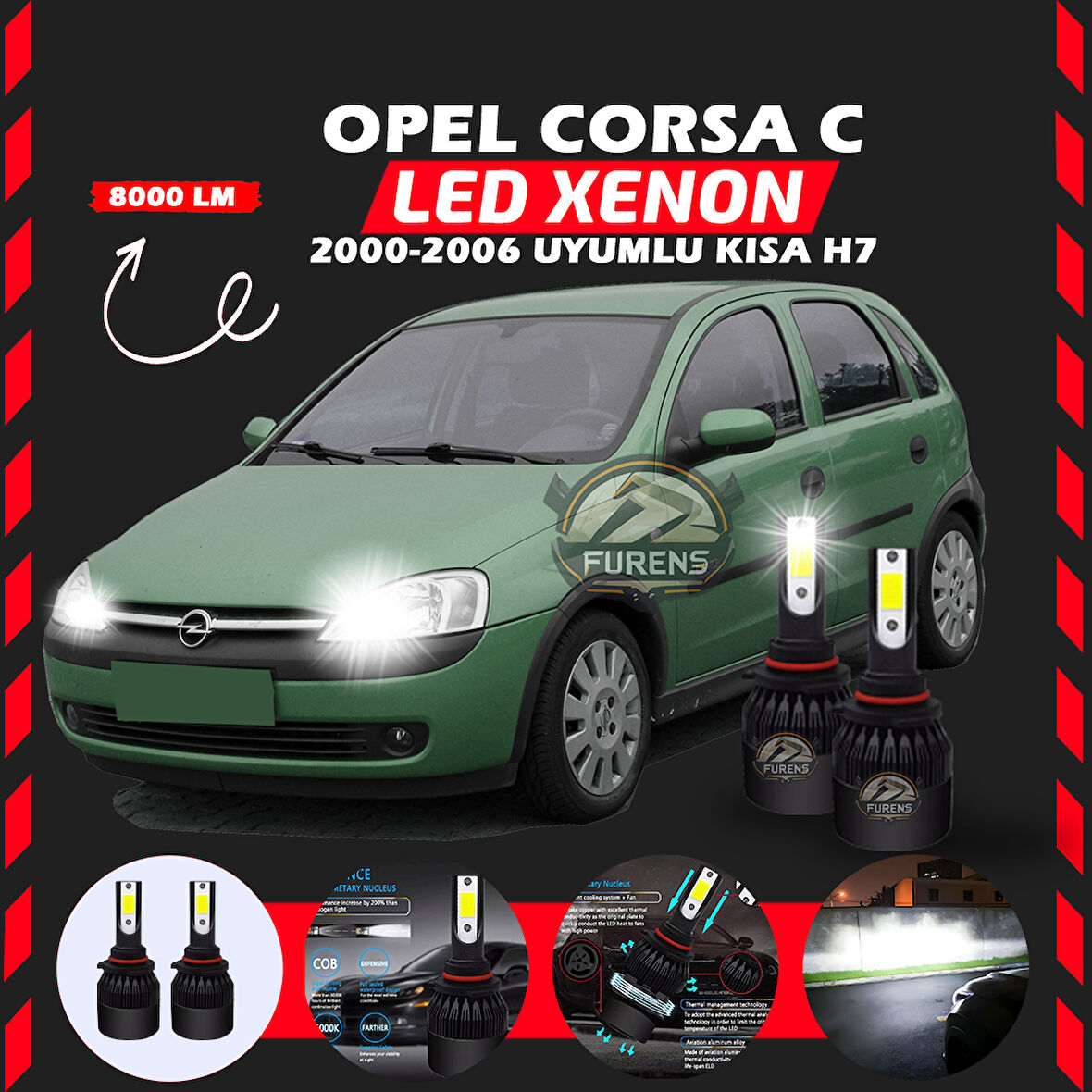 Opel Corsa C 2000-2006 Kısa Far Uyumlu Şimşek Etkili Led Xenon Light Series H7