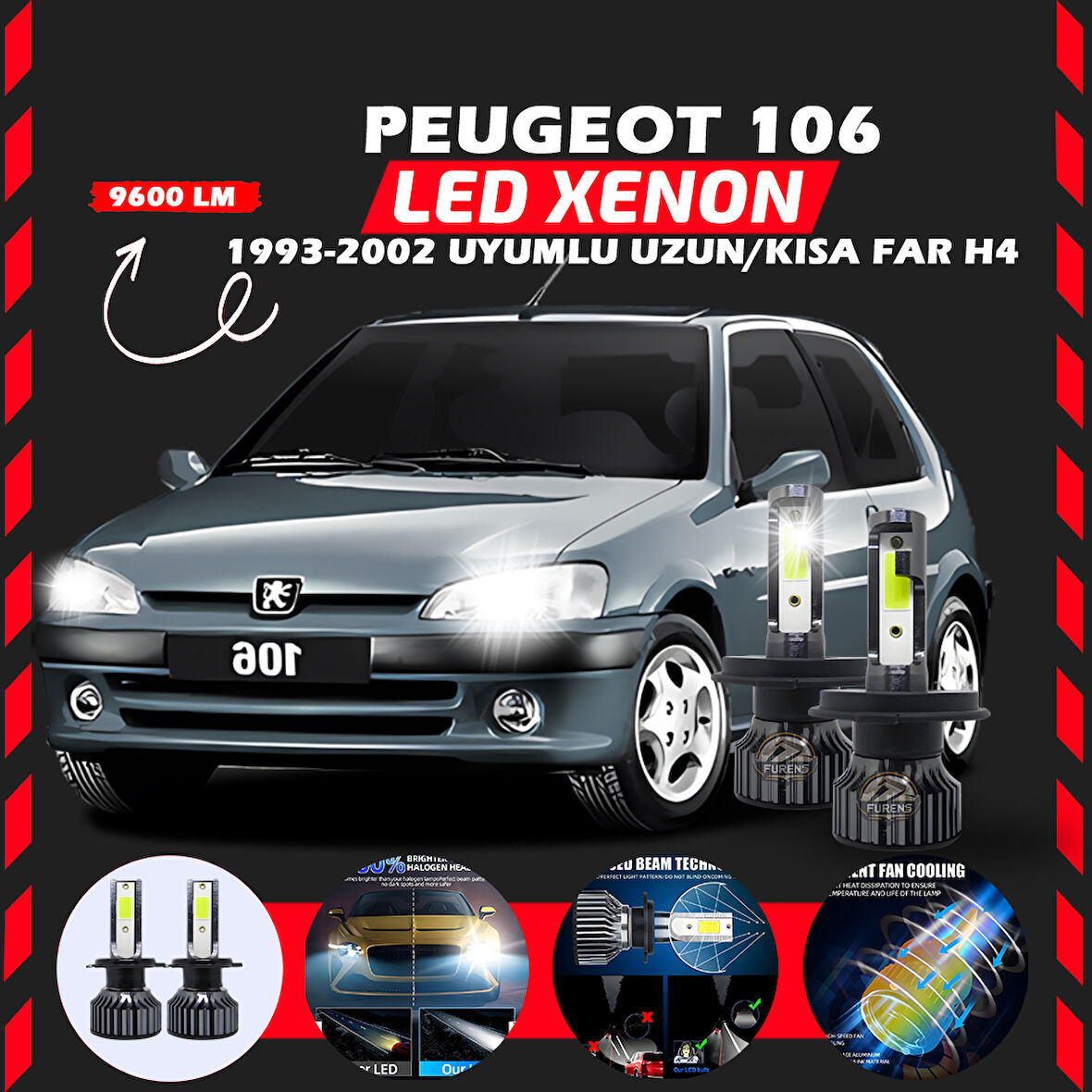 Peugeot 106 1993-2002 Uzun-Kısa Far Uyumlu Şimşek Etkili Led Xenon Pro Series H4