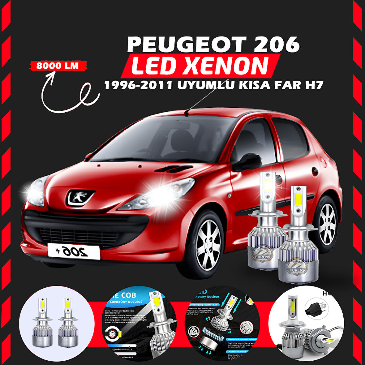 Peugeot 206 1996-2011 Kısa Far Uyumlu Şimşek Etkili Led Xenon Performance Series H7