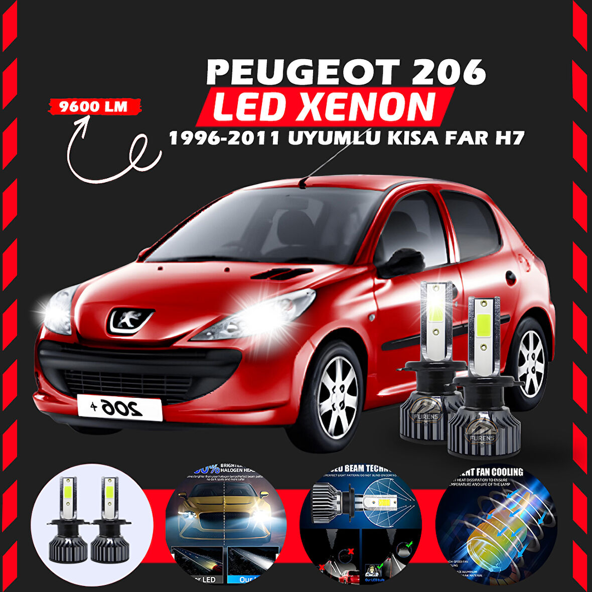 Peugeot 206 1996-2011 Kısa Far Uyumlu Şimşek Etkili Led Xenon Pro Series H7